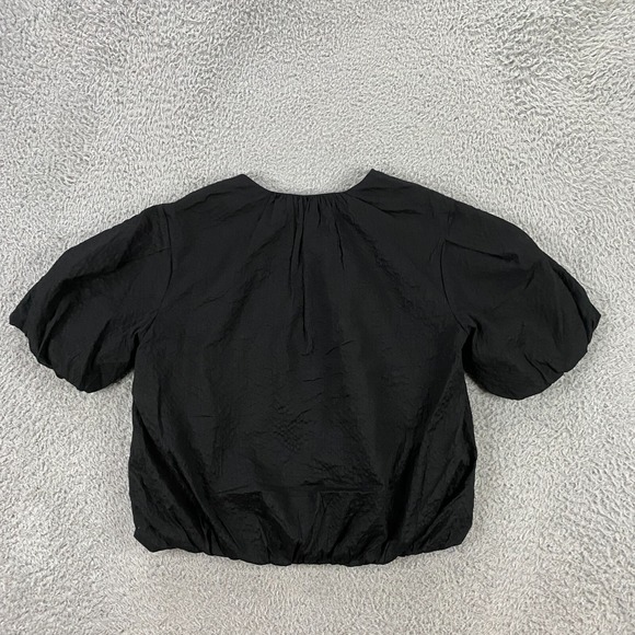 AYR Top Womens XS Puff Sleeve Bubble Hem Poplin Textured Cutout Blouse Black - Picture 5 of 8